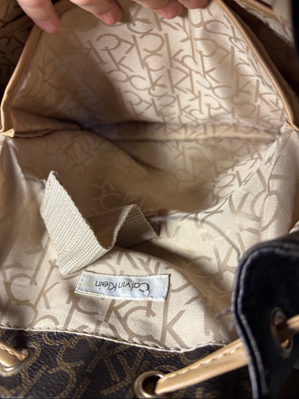 Calvin Klein Brown Monogram Backpack with Tan Trim missing Klein logo - Picture 7 of 12